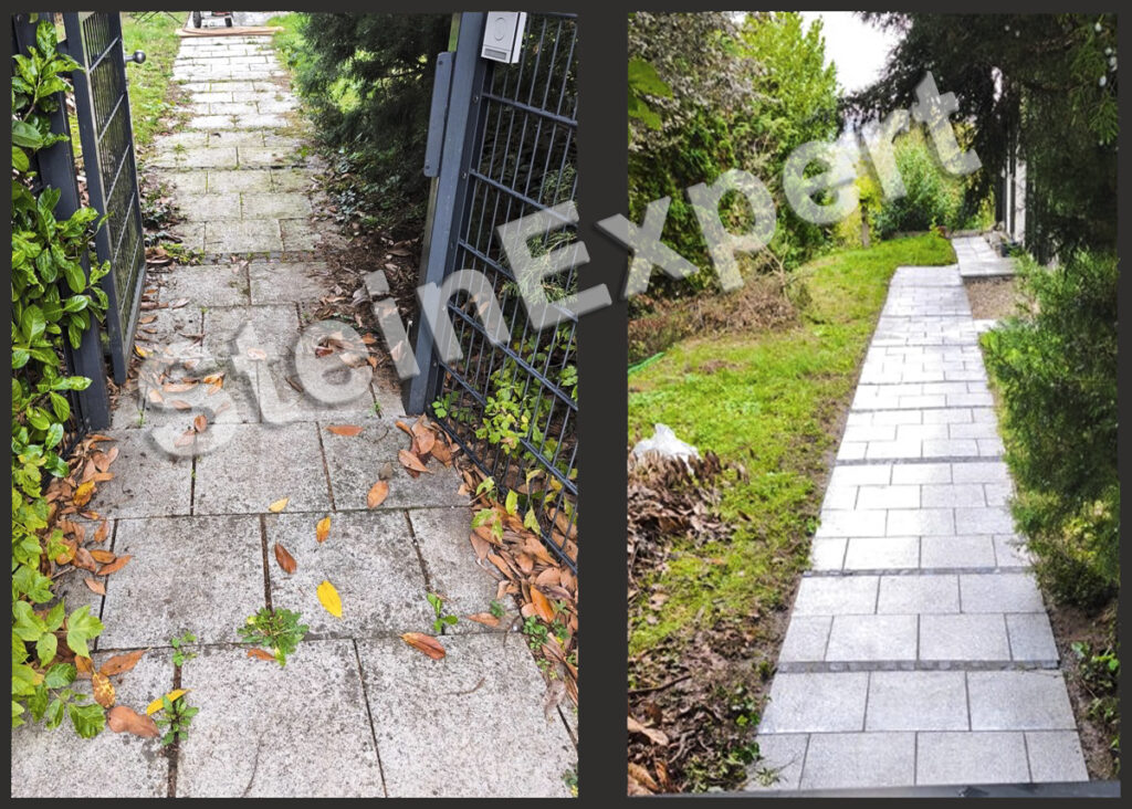 Vorher-Nacher einer Steinreinigung (Waschbetonplatten) Wassenberg