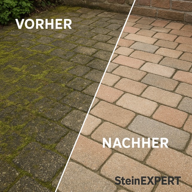Vorher-Nacher / Pflastersteinreinigung mit Verfugung